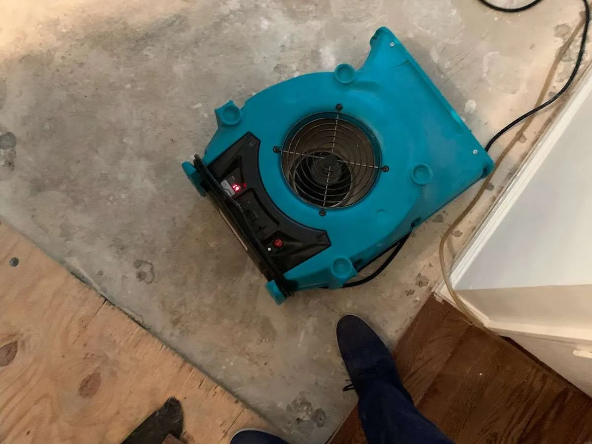 Air mover drying subfloor during Leak Detection & Repair in Manasquan